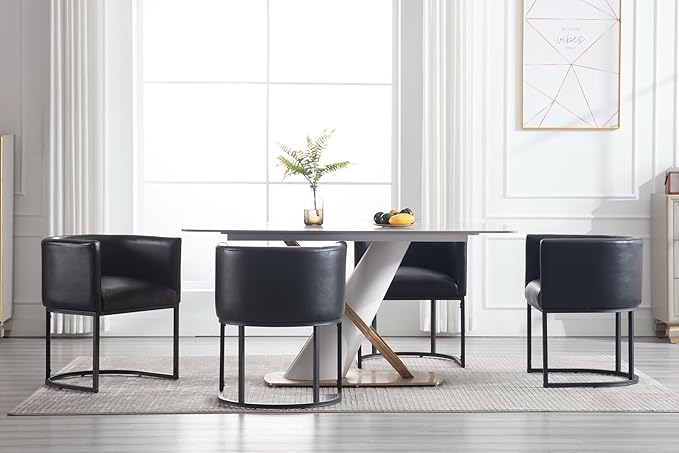 Faux Leather Dining Chairs Set of 6 Modern Barrel Arm Chairs with Black Metal Frame, Upholstered Kitchen Chairs 18.5" Wide Accent Chairs for Living Room Dining Room Restaurant, Black