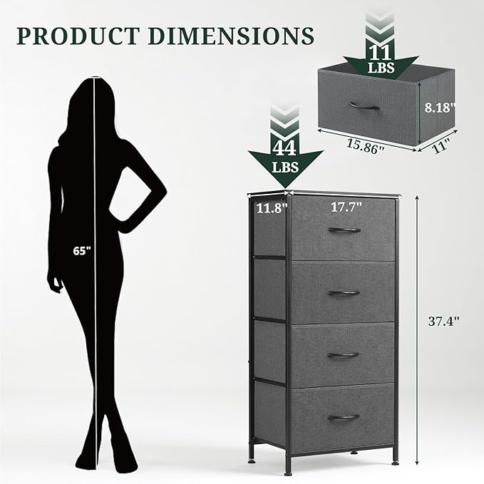 Nightstand, 4 Drawer Dresser End Table Bedside Furniture with Wooden Top Steel Frame Fabric Bins for Bedroom, Closet, Entryway, Dorm, Living Room, Gray