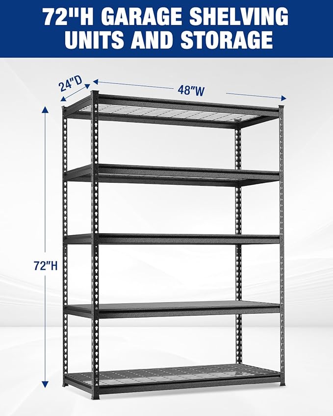 WORKPRO 5-Layer Heavy Duty Metal Storage Rack, 48”W x 24”D x 72”H, Adjustable Shelving Unit with 4000 lbs Total Load Capacity, for Garage, Kitchen, Bathroom, Warehouse