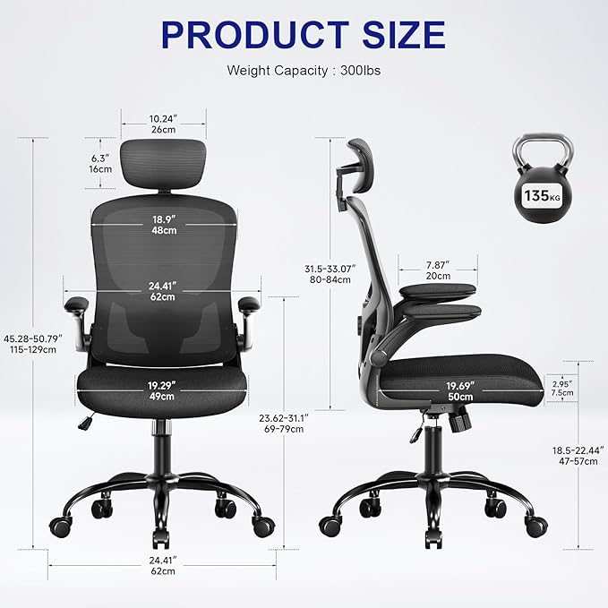 Ergonomic Office Chair - Adjustable Lumbar Support and Headrest, High Back Desk Chair with Flip-Up Arms for Home Office, 90-120° Tilt & Swivel Rolling Task Chair (Black)