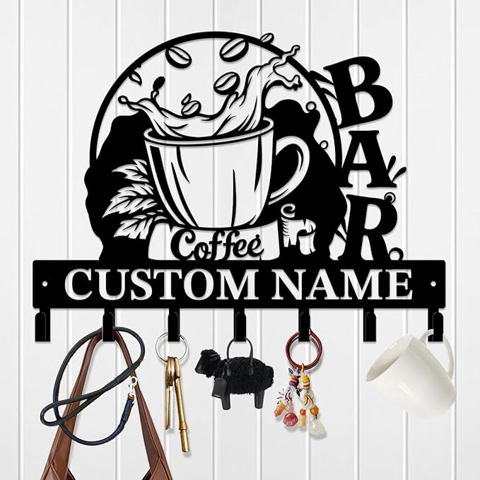 Coffee Bar Keys Holder - Metal Iron Wall Hooks with Custom Name | Personalized Home Decor & Gift Idea | Coffee-Themed Text Engraving Design (Style B)