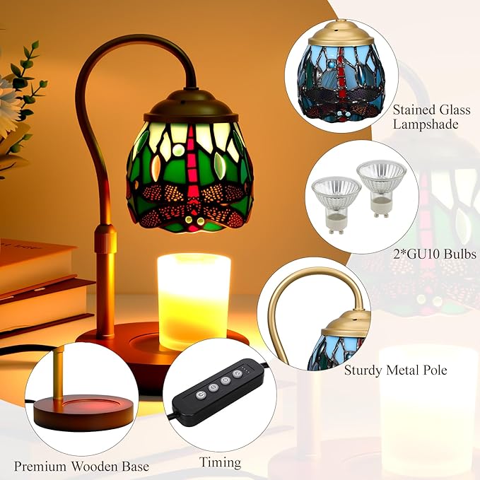 Tiffany Style Candle Warmer Lamp with Timer, Dimmable Dragonfly Stained Glass Candle Lamp Warmer, Vintage Candle Light for Scented Candles with 2 Bulbs for Home Deco Birthday Gifts for Mom Women