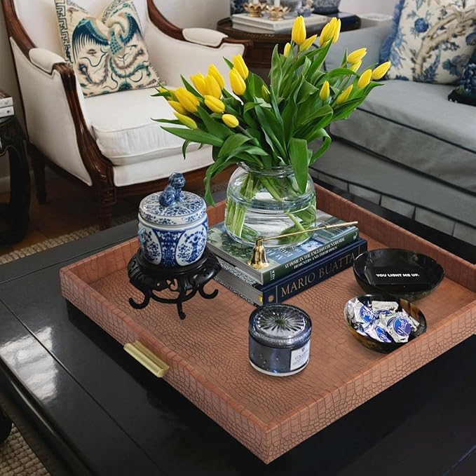 HofferRuffer Elegant Decorative Serving Tray, 20"x20" Square Faux Leather Ottoman Tray with Gold Hardware Handles, Coffee Table Serve Tea Coffee or Breakfast (Antique Brown)