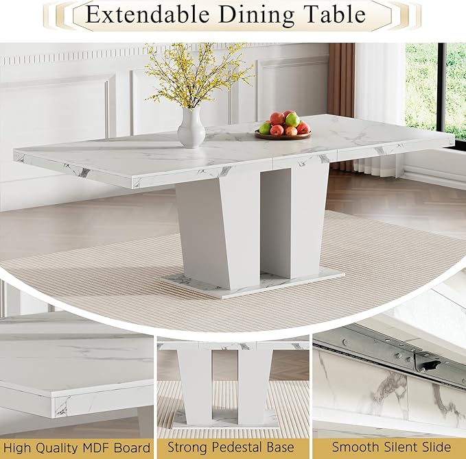 Goujxcy 9-Piece Extendable Dining Table Set for 8, 63-78 Inch Faux Marble Kitchen Table Set with 8 Black Upholstered Chairs Modern Expandable White Marble Dining Room Table Set for Kitchen Apartment