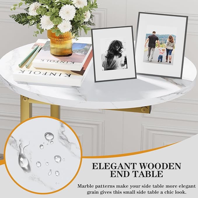 C Shaped End Table, Oval Couch Side Tables for Living Room, Sofa End Table with Metal Frame, Small Wooden Snack Table for Bedroom, Small Spaces, Easy Assembly, Gold