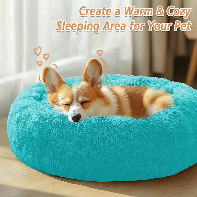 JOLLYVOGUE Calming Dog & Cat Bed for Large Dogs, Anti-Anxiety Donut Cuddler Cozy Soft Round Bed with Anti-Slip Bottom, Fluffy Faux Fur Plush Cushion Beds for Medium Dogs (36")