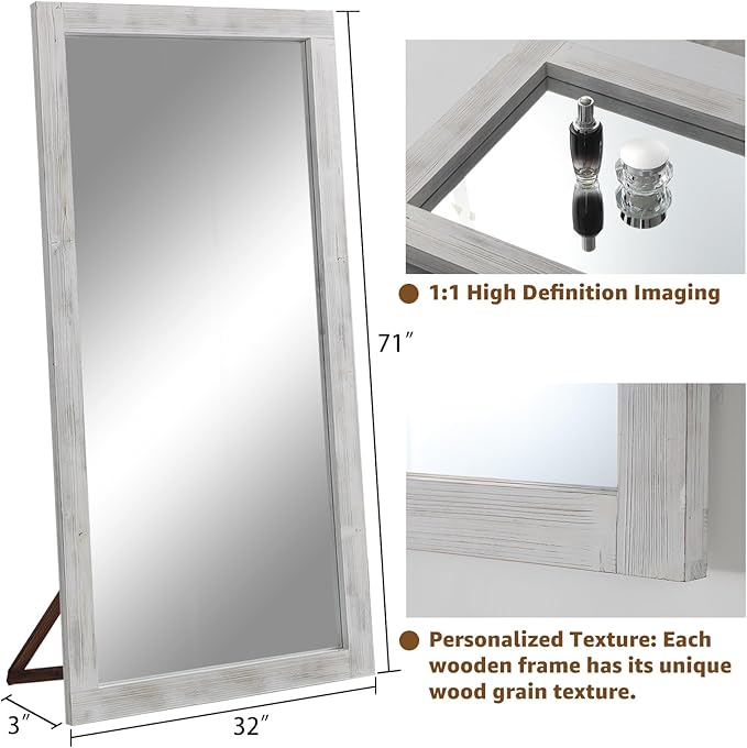 MELOMOIR Rustic Farmhouse Full Length Mirror, 71"x32" Large Floor Wood Frame, Free Standing Leaning Hanging, Full Body for Bedroom Living Room Cloakroom, Weathering White