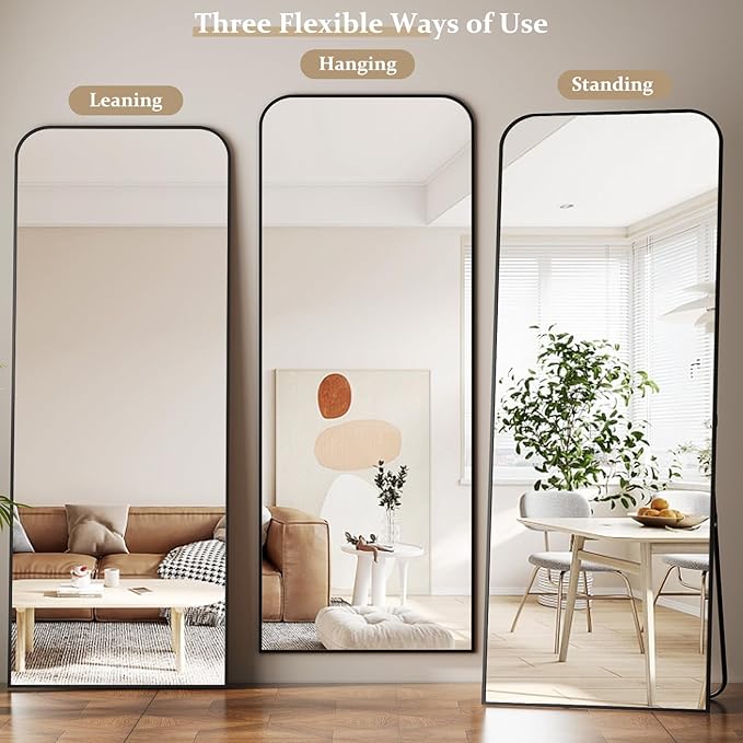Full Length Mirror 56"x21" Arched Floor Standing Large Mirrors Full Body Mirror with Stand - with Aluminum Frame for Bedroom Living Room, Black