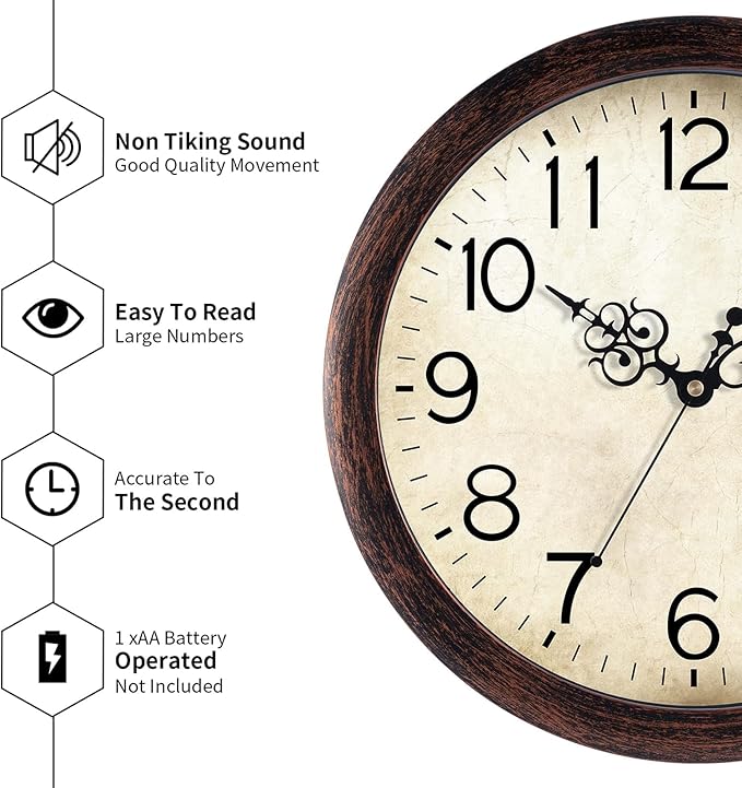 Wall Clock 12 Inch Vintage Wall Clocks Battery Operated Quartz Silent Non-Ticking Retro Rustic Style Clock Decorative for Living Room, Home Office, Kitchen,Bedroom (Bronze)