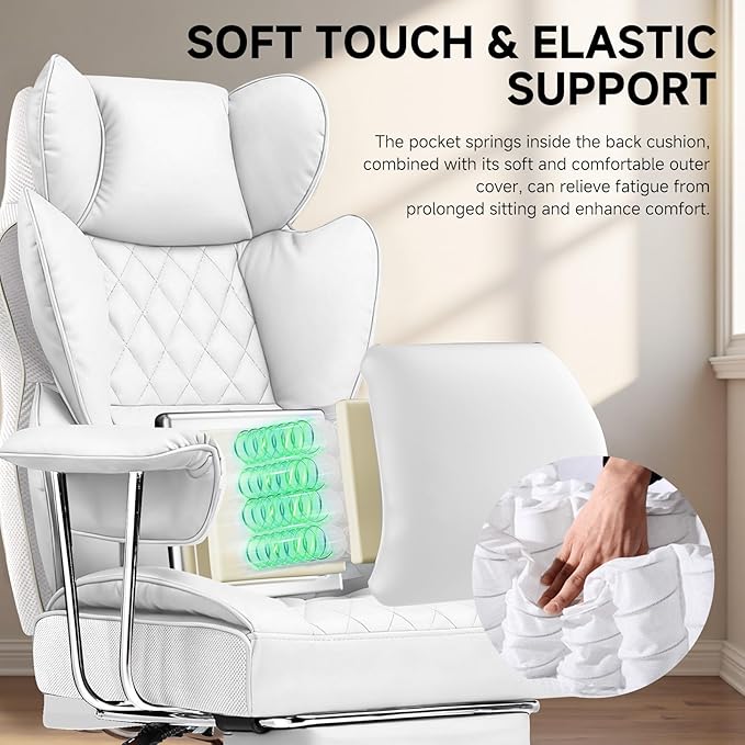 COMHOMA Big and Tall Gaming Chair with Pocket Spring Lumbar Support, Ergonomic Office Chair with Footrest, Executive Desk Chair with Outward Fixed Soft Armrests, Computer Chair with High Back, White