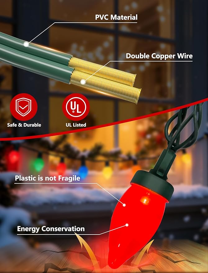 C7 LED Christmas String Lights,26FT Outdoor Christmas Lights with 50 LED Xmas Colorful Warm White Bulbs,Vintage Xmas Lights Outdoor Decorate Tree/Garden/Party/Room