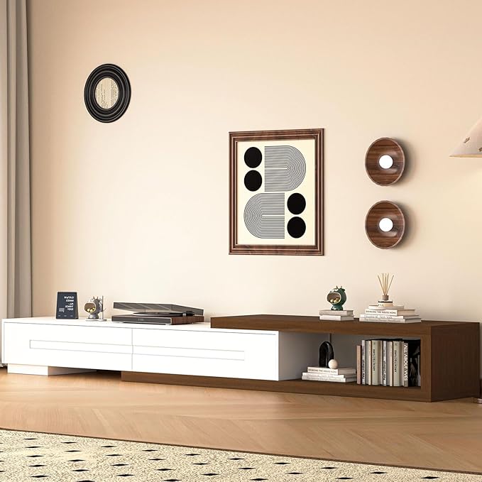 80’’-115’’ Extendable TV Stand for 120 Inch TV, Walnut Wood Modern Entertainment Center, Rectangle TV Console Table, Extendable, White