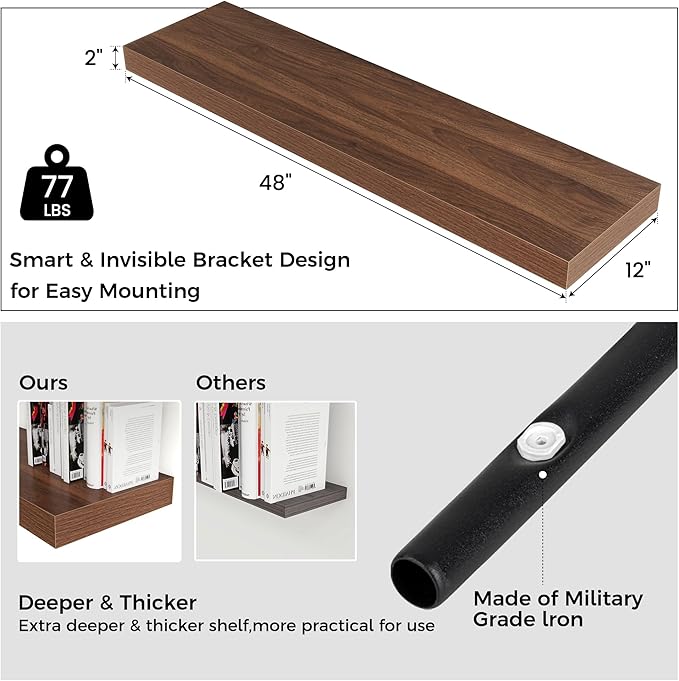 Floating Shelves for Wall, 48 Inch Wide x 12 Inch Deep Floating Shelves, Long Wood Floating Wall Shelf Shelves for Living Room Bathroom Bedroom Kitchen Home - (Walnut, 48" W x 12" D x 2" H)