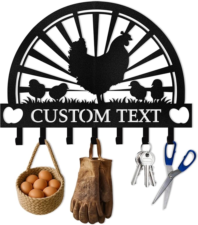 Personalised Metal Key Holder for Wall, Roosters Hens Key Holder Wall Mount, Chicken Wall Art Decor, Key Organizer Hanger for Kitchen Farmhouse Hallway Office, Housewarming Gifts
