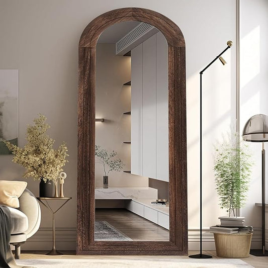 Arched Full Length Mirror with Solid Wood Frame, 65x22 Farmhouse Wall Mounted Floor Mirror with Stand, Vertical Hanging, Leaning Standing for Bedroom, Living Room, Brown