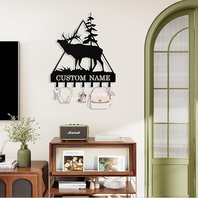 Personalized Deer Key Holder Wall Mount, Custom Metal Keys Hanger for Wall with Name, Custom Key Rack Holder with Hooks for Entryway, Front Door, Hallway, Living Room, Kitchen