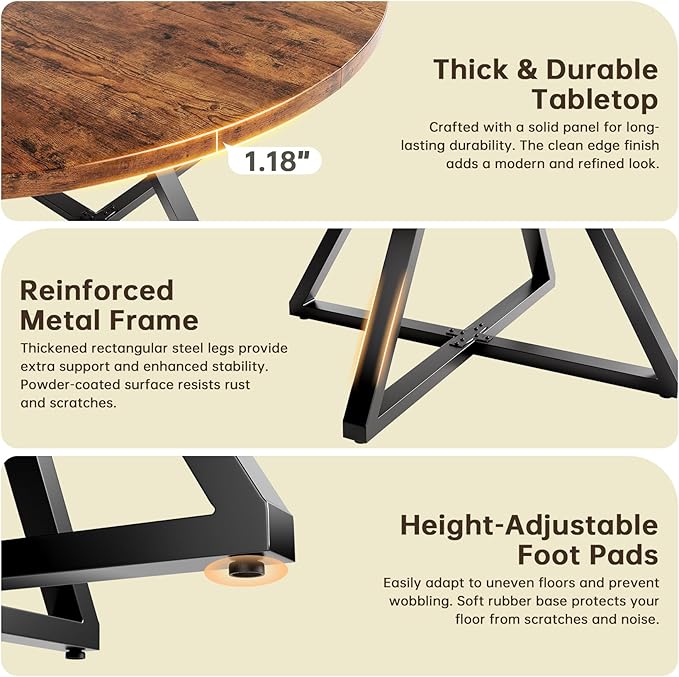 Concho 55" Round Table for 4-6, Circle Dining Dinner Table with Pedestal Metal Frame, Space Saving Wood Kitchen & Dining Room Furniture, Rustic Brown