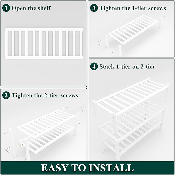 Smiry Shoe Rack, 3 Tier Small Bamboo Shoe Organizer, Stackable Free Standing Wooden Shoe Storage Shelf for Closet, Entryway, Front Door Entrance, White