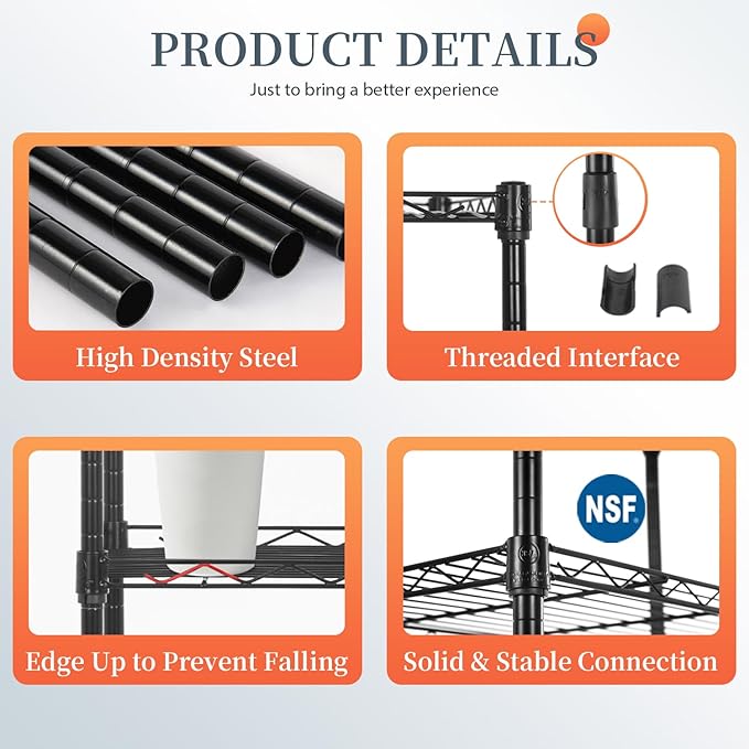 BestOffice 6-Shelf Storage Shelves, Adjustable Shelving Unit Wire Shelving Metal Shelves,11.8" D x 16.7" W x 63.6" H,Black