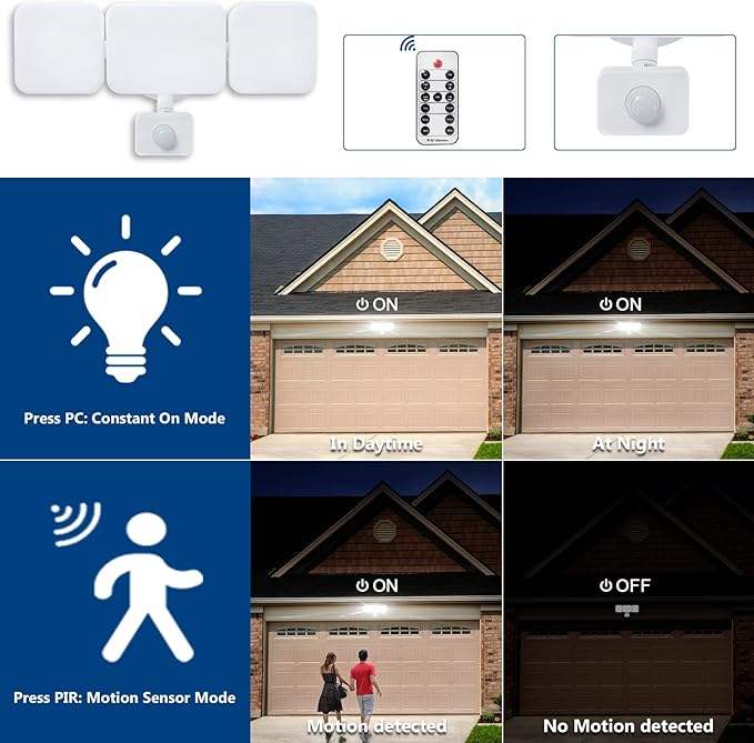 EMANER Flood Lights Motion Sensor Outdoor, Remote Security Light 28W, Always On or Motion Activated On/Off, Tunable Warm White Dimmable for Eave, Garage (White, 1-Pack)