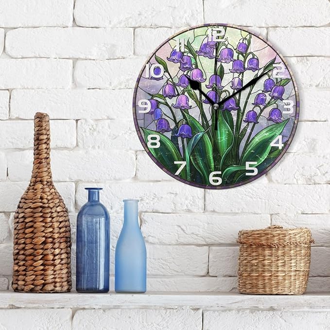 Bolaz Wall Clocks Decorative Bedroom Silent Living Room Desktop Lily of The Valley Tabletop Shelf Clocks Round Battery Operated 10 Inch Non-Ticking 1