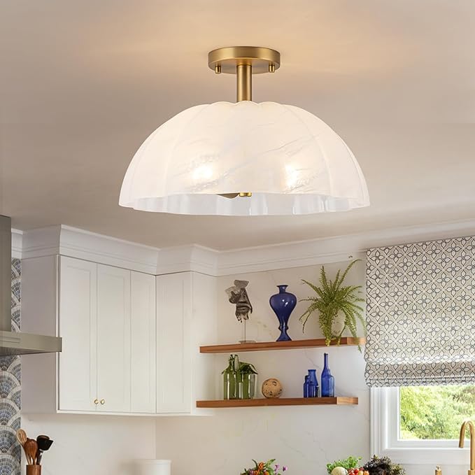 Mid-Century Modern Brushed Gold Semi Flush Mount Ceiling Light,2-Light Pumpkin Design Ceiling Light Fixture with Milky Cloudy Glass Shade,for Living Room,Dining Room,Bedroom,Entryway(15.98 inch)