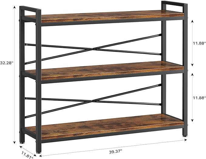 3 Tier Bookshelf 39.37" Width, Long Industrial Bookcase, Vintage Farmhouse Modern Wooden Big Book Shelf for Home Living Room Bedroom Office Storage(Rustic Brown)