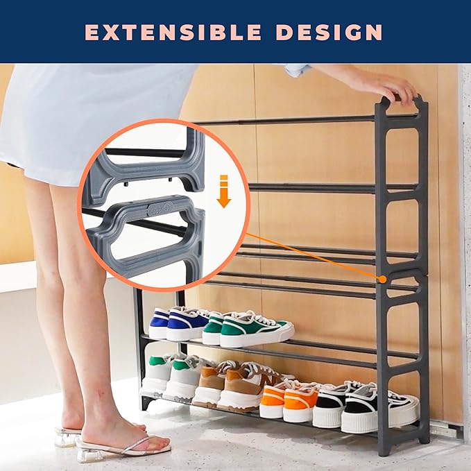 Happhom 3-Tier Expandable Shoe Organizer - Space Saver Shoe Shelf with Smart Design for Closet, Entryway and Small Spaces, Dark Grey (CSR-01)
