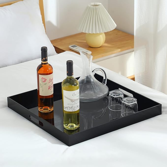 Black King Size Large Acrylic Serving Tray for bed-24x24 Inch -Spill Proof- Decorative Trays Countertop Organizer for Ottoman,Nightstand, Sidetable, Butler (24X24 Inch, Black)