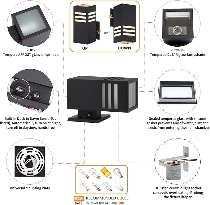 Dusk to Dawn Outdoor Wall Lantern, Exterior Lighting - ETL Listed, Aluminum Anti-Rust Waterproof Wall Mount Rectangular Design – Up/Down Photocell Outdoor Lighting for Porch, Garage or Patio