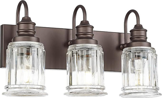 3 Light Bathroom Vanity Light - HWH Bathroom Lights Over Mirror Farmhouse Vanity Sconce Wall Lighting with Bell-Shaped Clear Glass, Oil-Rubbed Bronze Finish, 5HZG106B-3W ORB