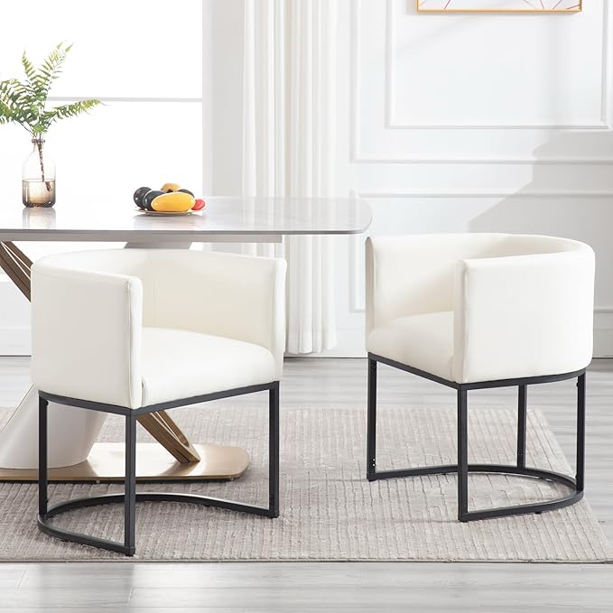 Faux Leather Dining Chairs Set of 6 Modern Barrel Arm Chairs with Black Metal Frame, Upholstered Kitchen Chairs 18.5" Wide Accent Chairs for Living Room Dining Room Restaurant, White
