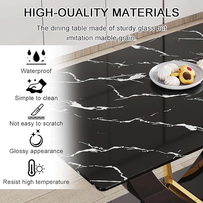 71" Dining Table Set for 8, Black Faux Marble Dining Room Table Set for 8, Large Rectangular Kitchen Table Set and PU Leather Chairs,Tempered Glass Glossy Table with Golden Leg