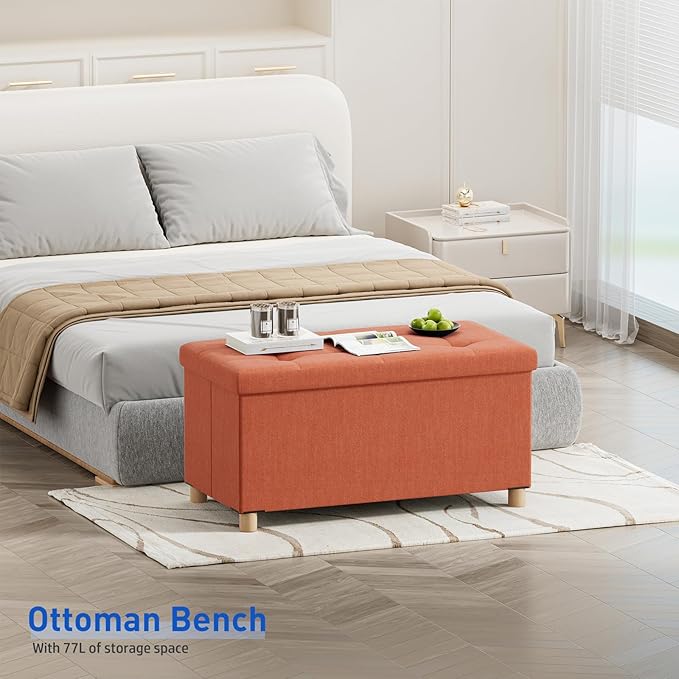 BRIAN & DANY 30 Inches Folding Storage Ottoman Bench, Ottoman with Storage Bench for Bedroom, Living Room, Entryway, Foot Rest with Legs, Orange