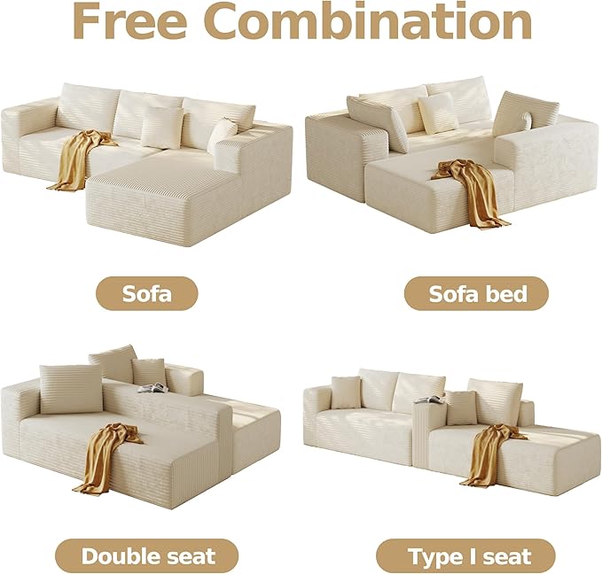 108'' Modular Sectional L-Shaped with Chair,Deep Seat Boneless Corner Couch for Living Room,Plush Corduroy Couch with Detachable Sofa Set,No Assembly(Right Facing Chaise，Beige)