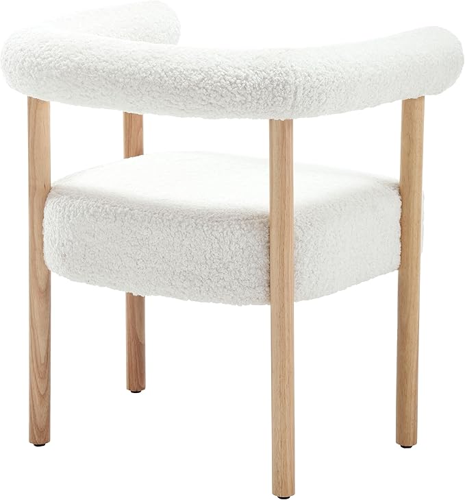 White Boucle Dining Chairs Set of 4, Modern Upholstered Dining Chairs, Curved Backrest Kitchen Dining Room Chairs Accent Chairs Arm Chairs with Natural Wood Legs