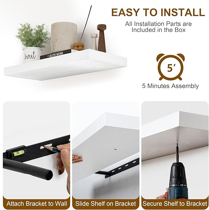 Fun Memories Deep White Floating Shelves, 8 Inch Deep Floating Shelf for Wall, Rustic White Wall Shelves 55 Inch Long, Large 55 x 8 Storage Shelves for Living Room, Bedroom, Kitchen