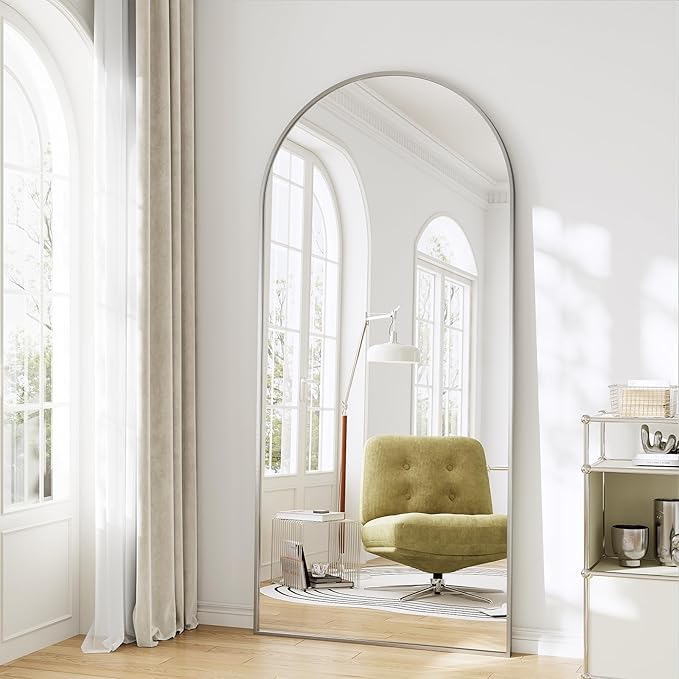 Mirror Full Length, 28"x71" Large Arched Floor Full Length Mirror with Stand, Room Decor Big Full Body Floor Mirror with HD Tempered Glass Aluminum Frame for Bedroom Living Room, Silver