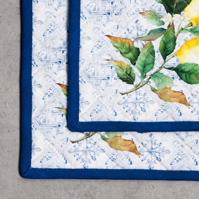 Maison d' Hermine Pot Holders Set 100% Cotton Heat Resistant Potholders 8" x 8" Hot Pads with Loop BBQ, Cooking, Baking, Grilling, Kitchen, Handling Hot Pans Spring/Summer (Pack of 2, Citrus)