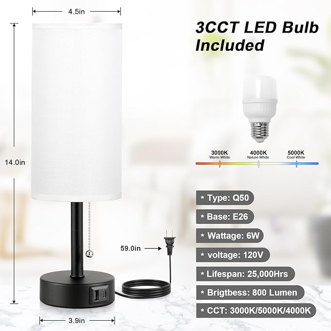 White Bedside Lamps for Bedroom Set of 2 - Nightstand Table Lamp with USB A + C Charging Port, 3 Color Temperatures Pull Chain Night Stand Light, Side Table Desk Reading Lamp for Living Room/Dorm