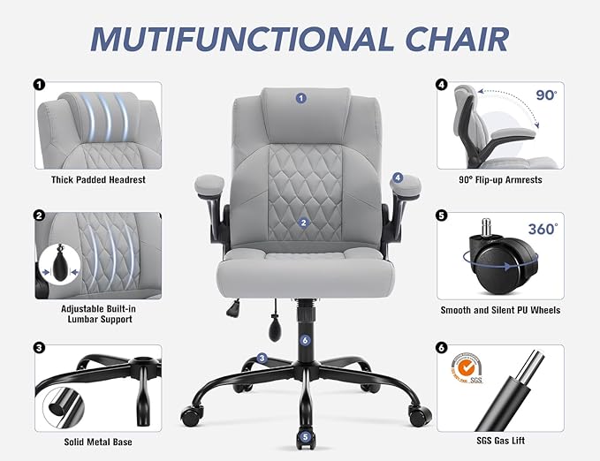 Office Chair with Adjustable Lumbar Support,Leather Ergonomic Computer Desk Chair with Flip-up Arms,Adjustable Tilt Lock,Swivel Rolling Executive PC Chair for Work, Study,Meeting,Small Space.Grey