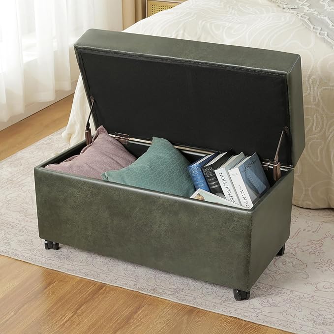Joveco 32" Faux Suede Storage Ottoman Bench with Wheel, Rectangle Foot Rest Stool for Living Room, Bedroom, Entryway,Moss Green
