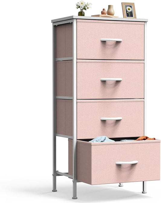 DUMOS Nightstand with 4 Drawers Bedside Table with Removable Fabric Bins Sturdy Steel Frame Wood Top Organizer Furniture for Bedroom Closet Living Room,Pink
