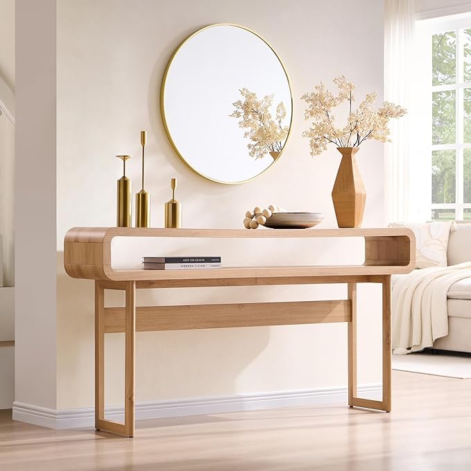 63-Inch Long Console Table, 31.5" Tall Modern Entryway Table with Open Storage Shelf, Curved Profile Design, Narrow Wood Sofa Table Behind Couch Table for Living Room, Hallway,Foyer, Natural Oak