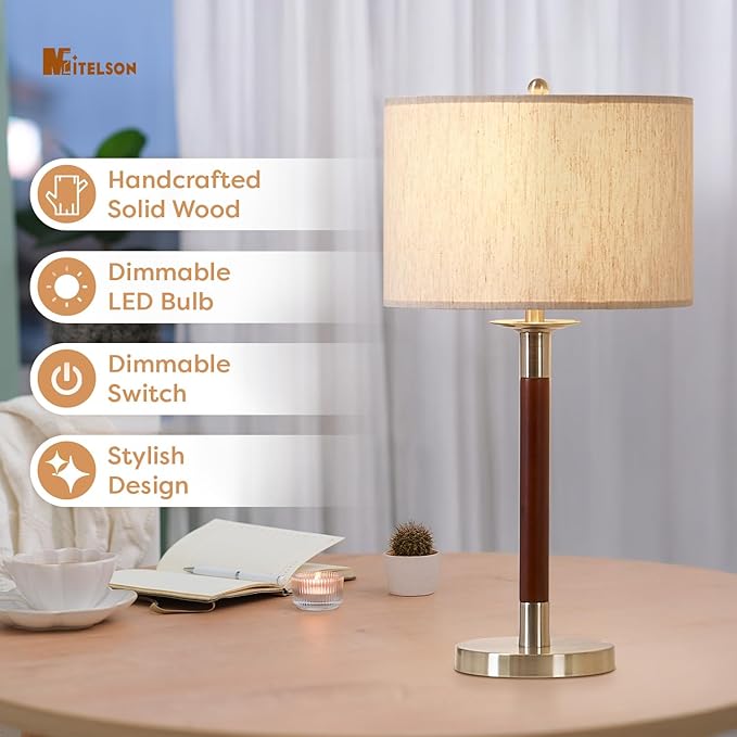 Mid Century Modern Lamp with Dimmable Switch and Bulb, LED Bedside Lamp for Bedroom, Wood Table Lamp for Nightstand, Desk Reading Lamp for Kids Room, Living Room, Office, Walnut Finish