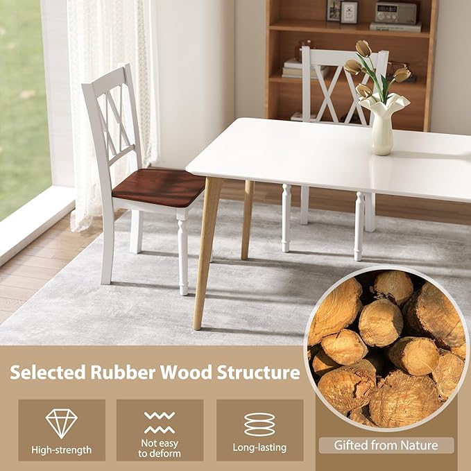 POWERSTONE Wooden Dining Chairs Set of 2, Farmhouse Kitchen Chair with High Backrest, 360 lbs Armless Dinette Seat for Kitchen, Dining Room, Living Room, White and Walnut