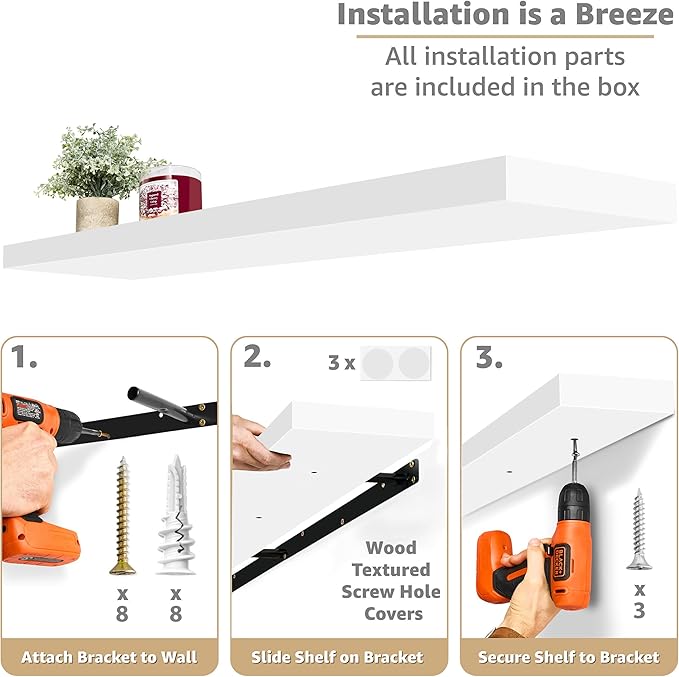 Sorbus Floating Shelves for Wall - 55 Inch Extra-Long Bathroom Shelves, Wall Decor for Bedroom, Kitchen, Living Room, Book Storage - Mounted Floating Shelf with Hidden Brackets (White, 2 Pack)