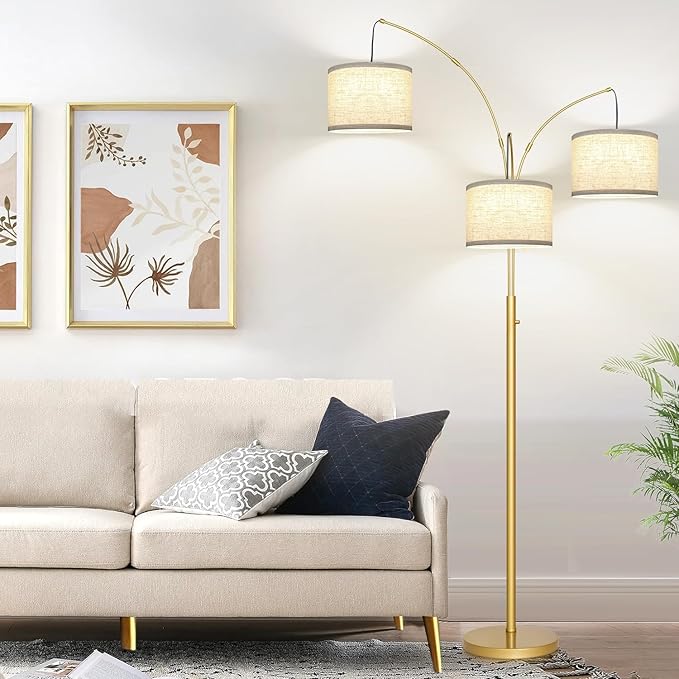 Nintiue Dimmable Floor Lamp - 3 Lights Gold Arc Floor Lamps for Living Room, 1000LM Modern Tall Standing Lamp with White Shades, Mid Century Tree Floor Lamp for Bedroom Office, 3 LED Bulbs Included