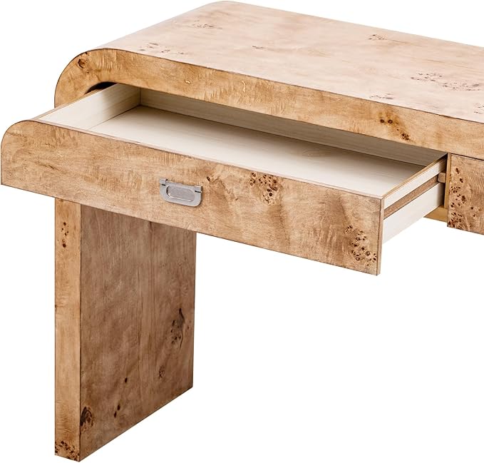 60" Farmhouse Wooden Curved Console Table Sofa Table with Drawers, Mid-Century Modern Entryway Table with Burl Natural Wood Veneer for Living Room,Entryway Foyer,Hallway,Office-Light Walnut