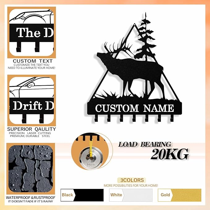 Personalized Deer Key Holder Wall Mount, Custom Metal Keys Hanger for Wall with Name, Custom Key Rack Holder with Hooks for Entryway, Front Door, Hallway, Living Room, Kitchen